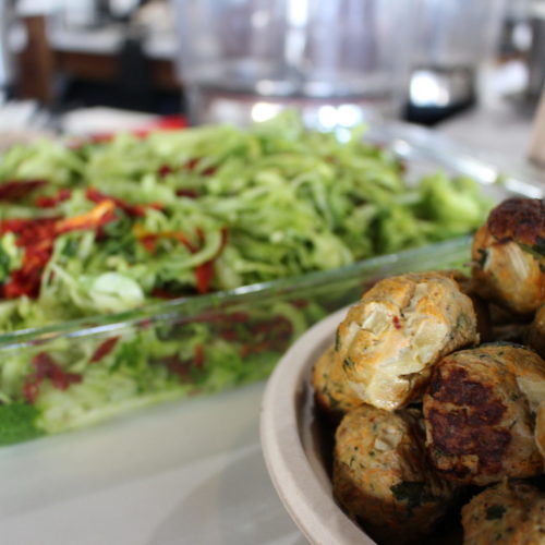 white super green sweet potato noodles with hidden veggie turkey meatballs
